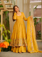 Royal Embroidered Anarkali Suit Set with Sharara & Dupatta