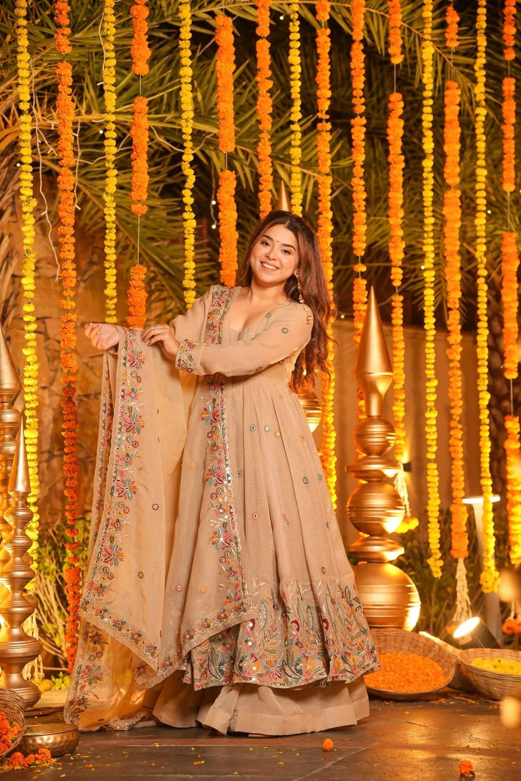 Royal Embroidered Anarkali Suit Set with Sharara & Dupatta
