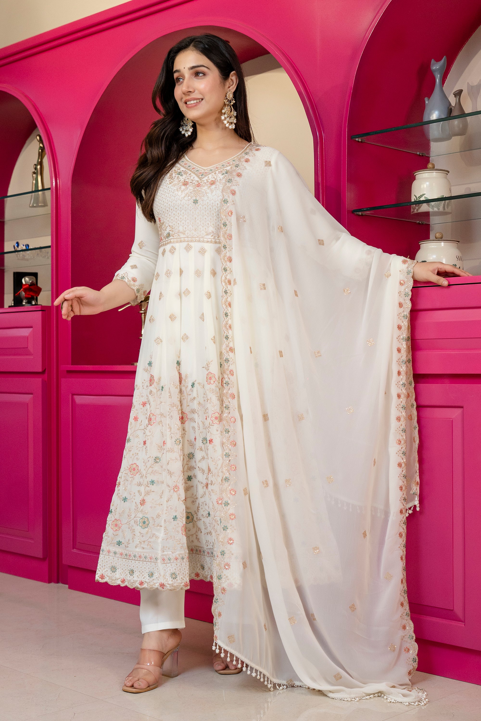 Premium Off White Embroidered Anarkali Suit Set with Dupatta