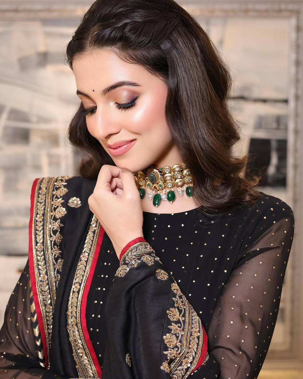 Black Celebrity Style Embroidered Anarkali Set