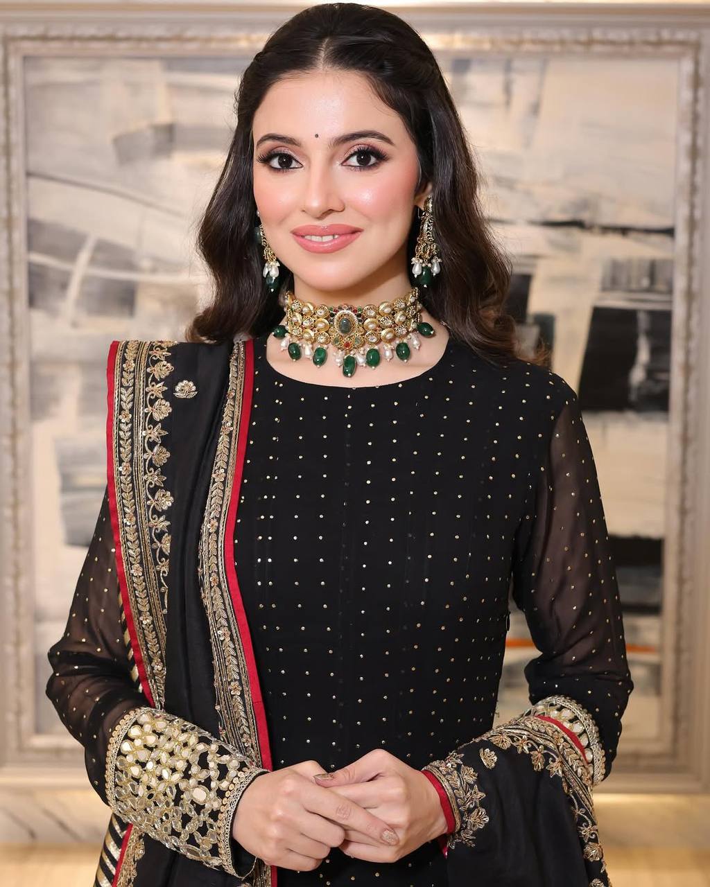 Black Celebrity Style Embroidered Anarkali Set