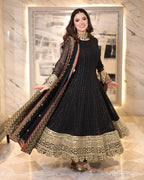 Black Celebrity Style Embroidered Anarkali Set