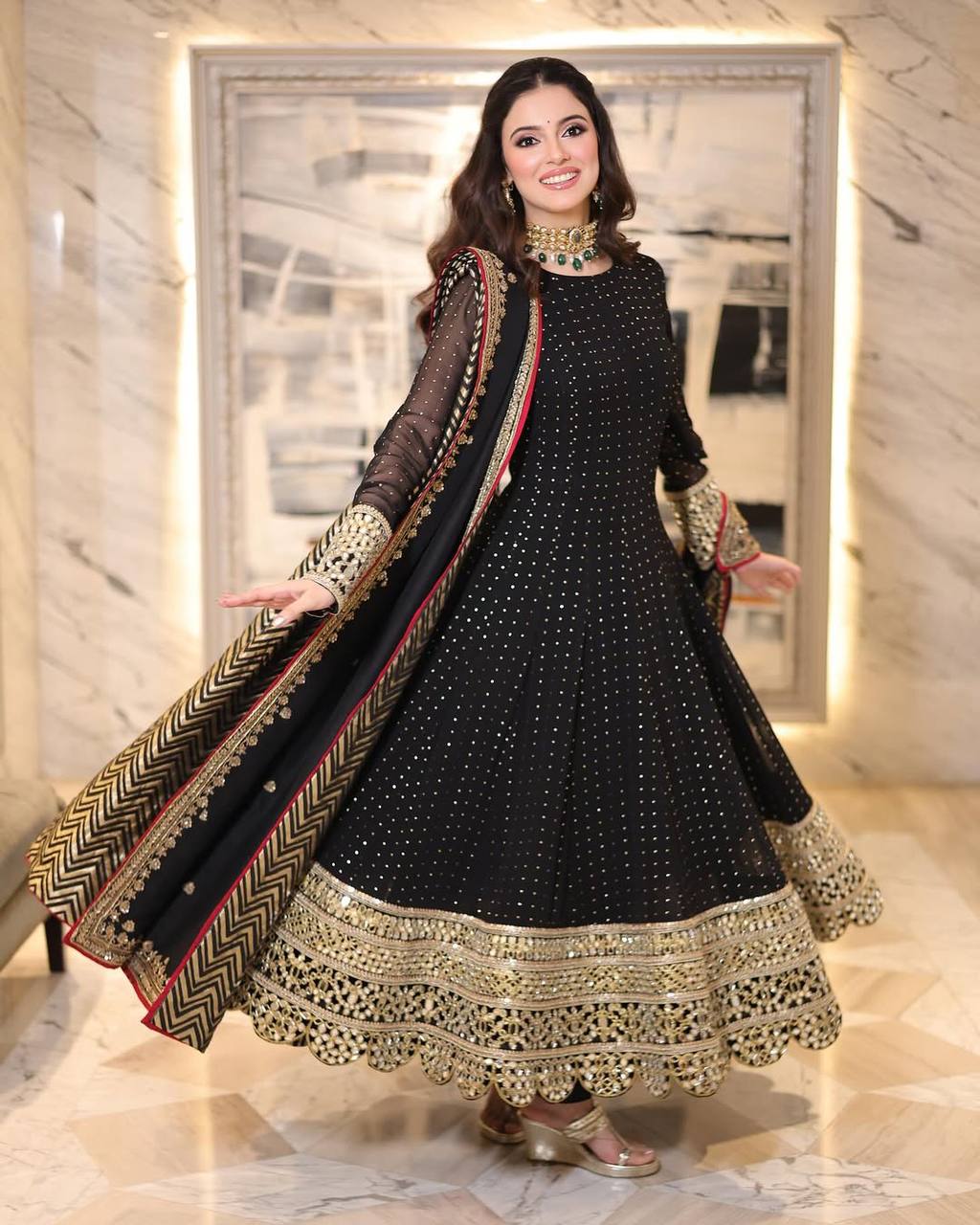 Black Celebrity Style Embroidered Anarkali Set