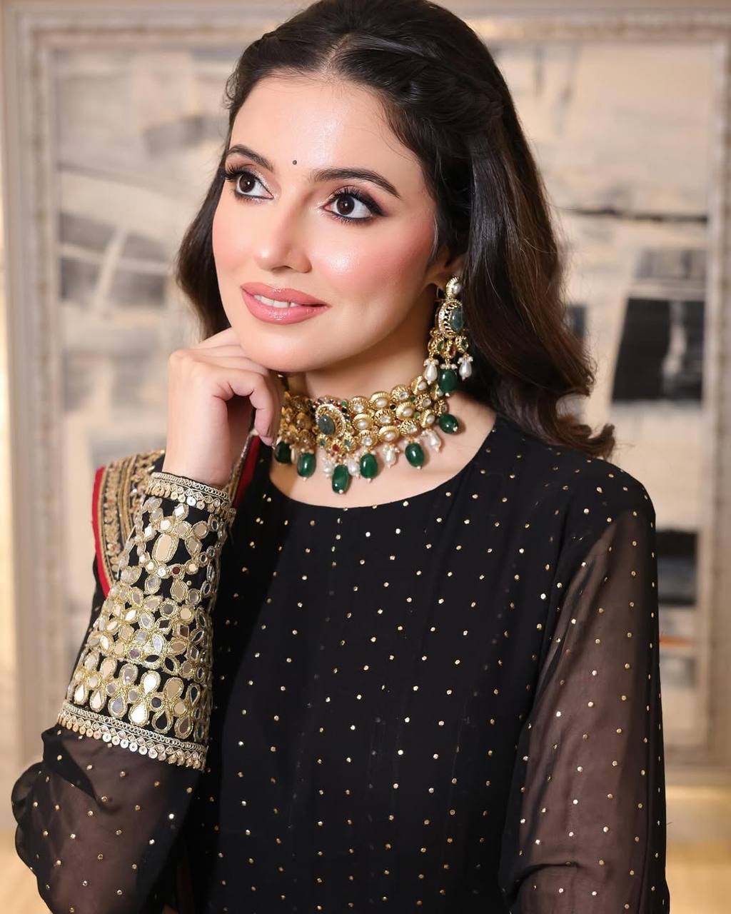 Black Celebrity Style Embroidered Anarkali Set