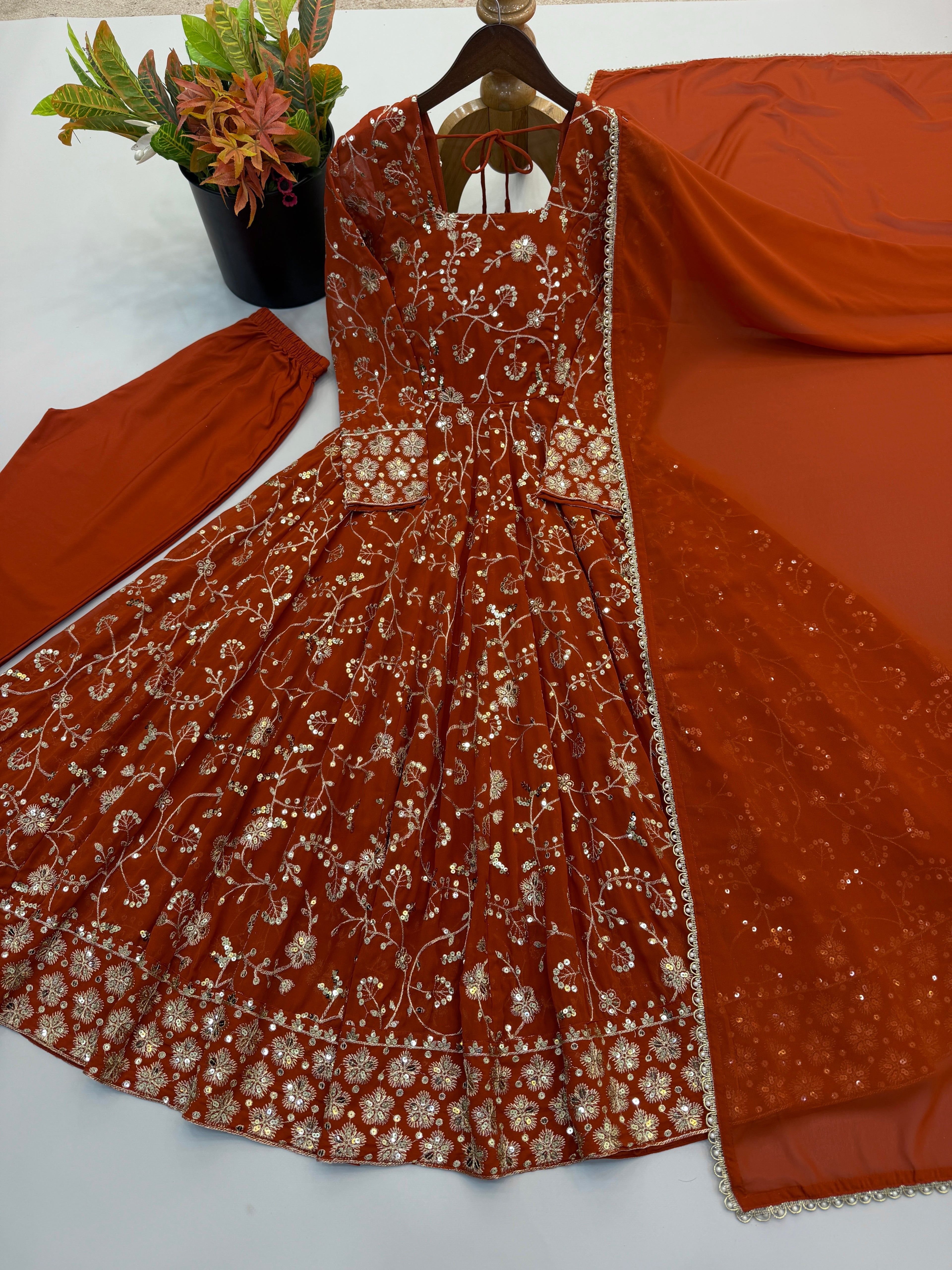 Party Wear Rust Embroidered Anarkali Suit Set