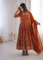 Party Wear Rust Embroidered Anarkali Suit Set
