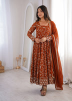 Party Wear Rust Embroidered Anarkali Suit Set