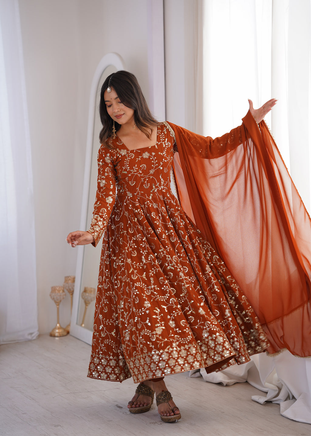Party Wear Rust Embroidered Anarkali Suit Set