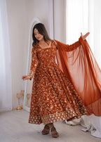 Party Wear Rust Embroidered Anarkali Suit Set