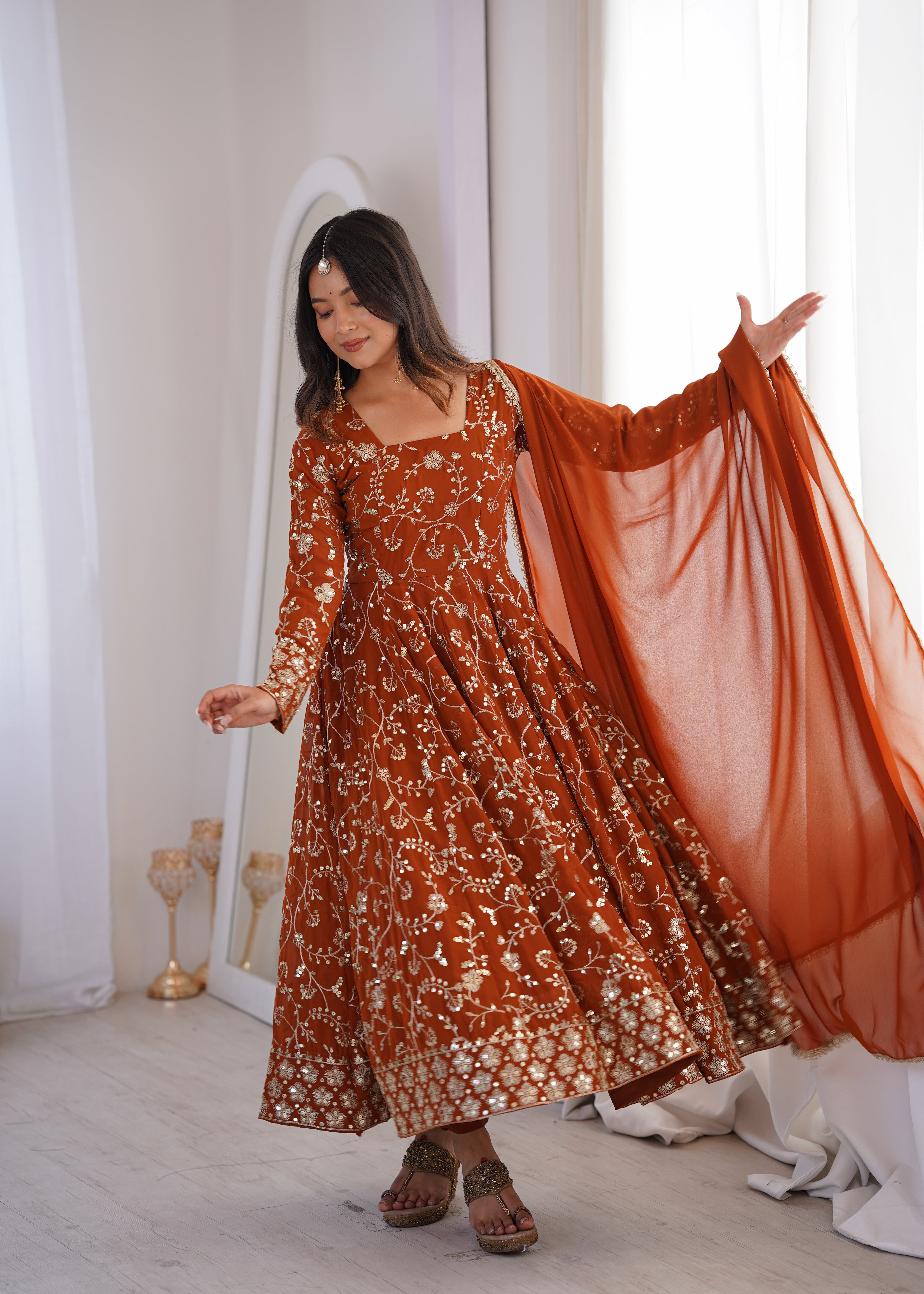 Party Wear Rust Embroidered Anarkali Suit Set
