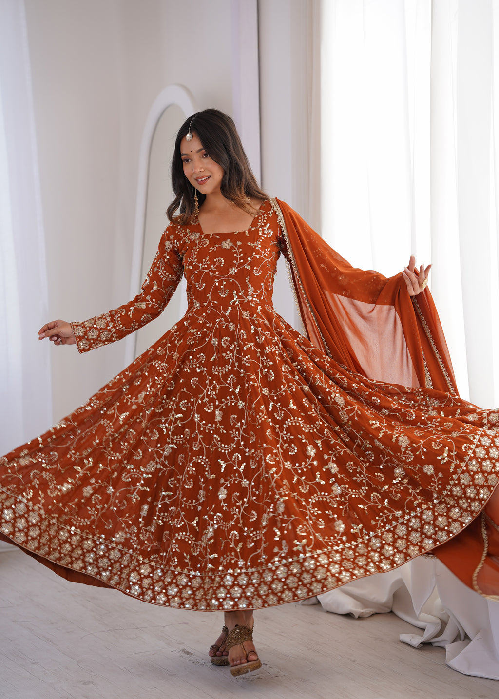 Party Wear Rust Embroidered Anarkali Suit Set