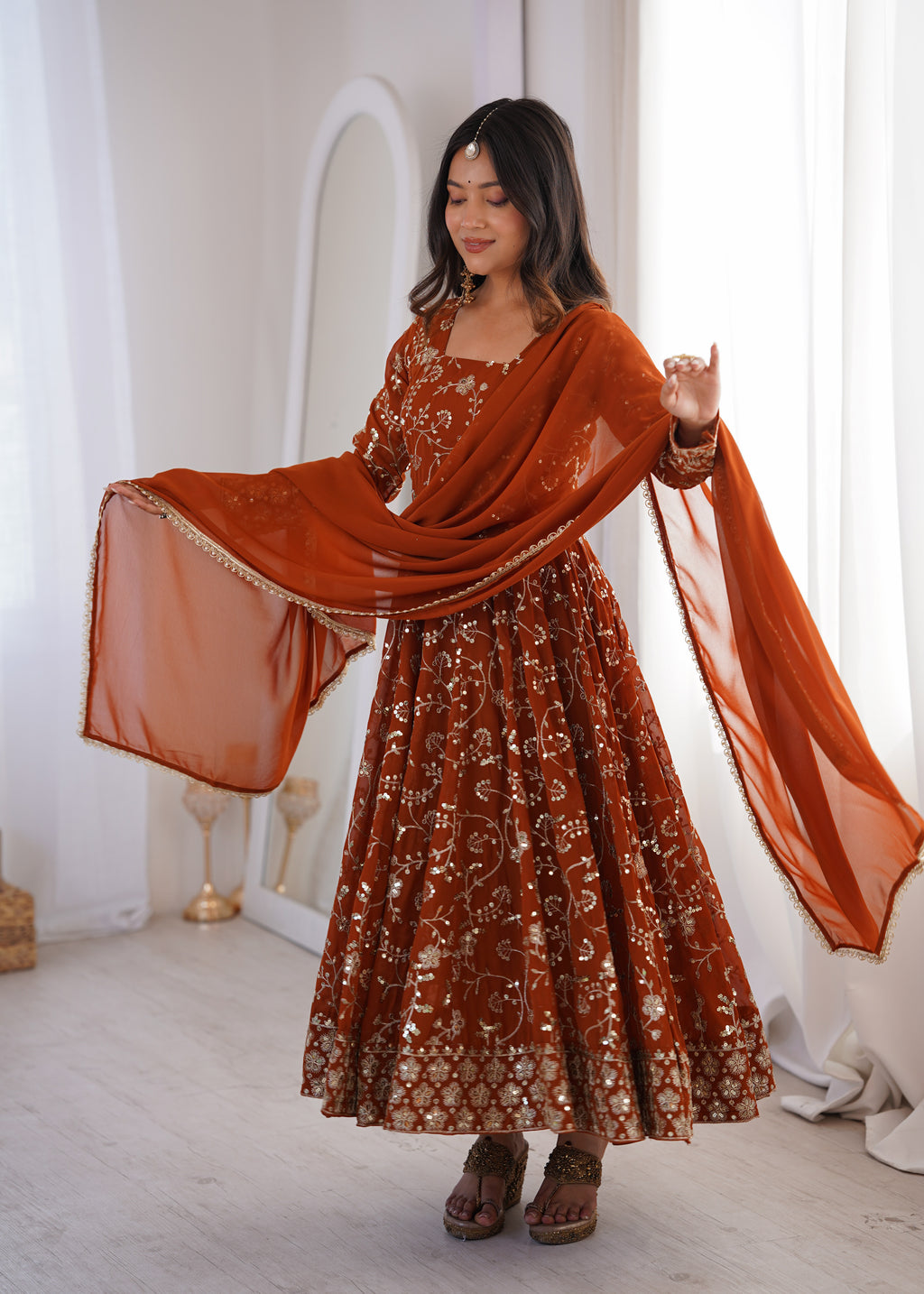 Party Wear Rust Embroidered Anarkali Suit Set