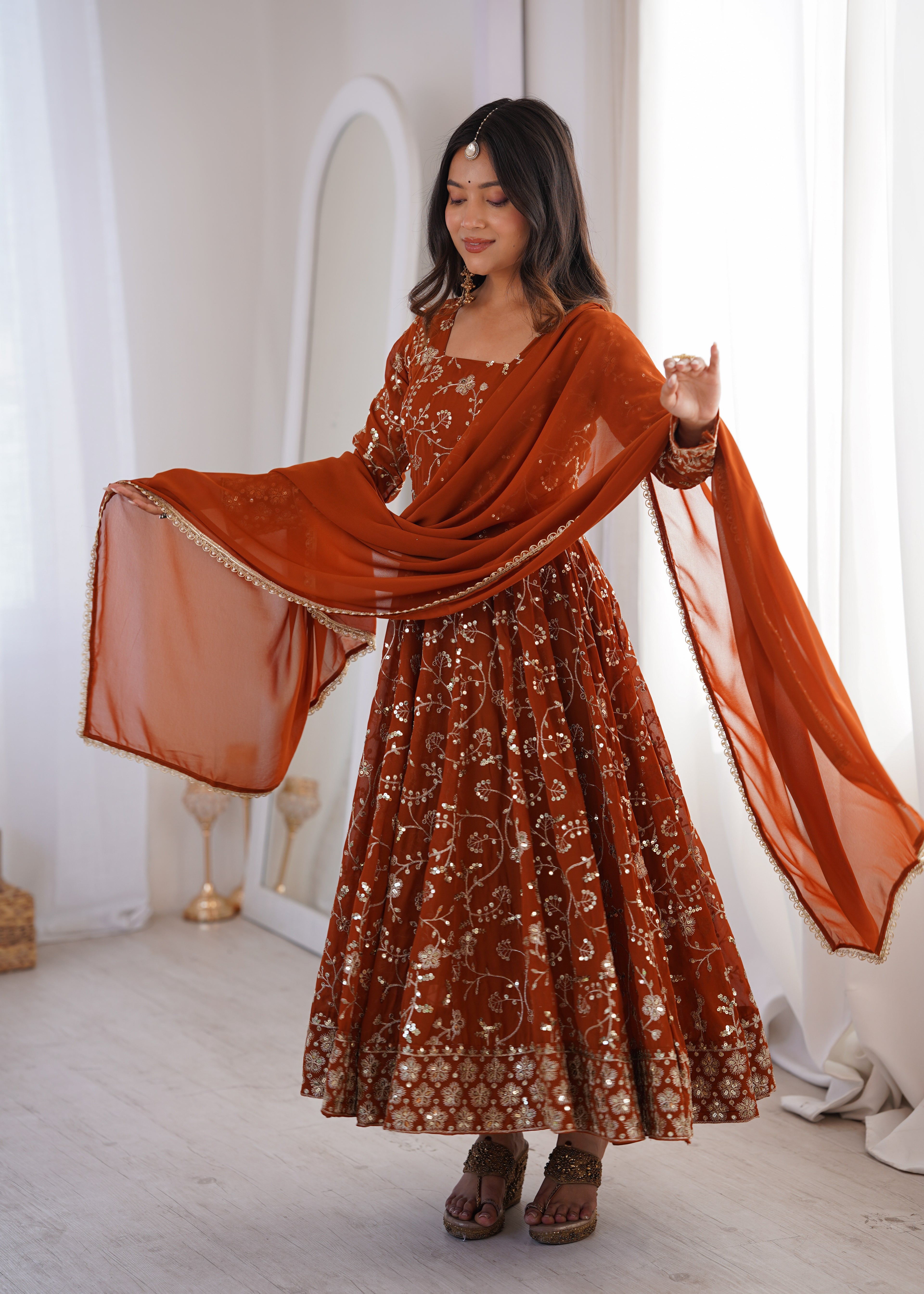 Party Wear Rust Embroidered Anarkali Suit Set