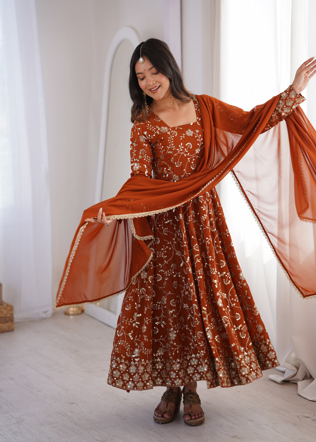 Party Wear Rust Embroidered Anarkali Suit Set