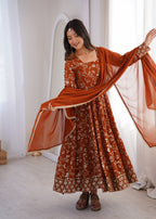 Party Wear Rust Embroidered Anarkali Suit Set