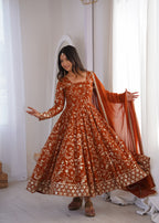Party Wear Rust Embroidered Anarkali Suit Set