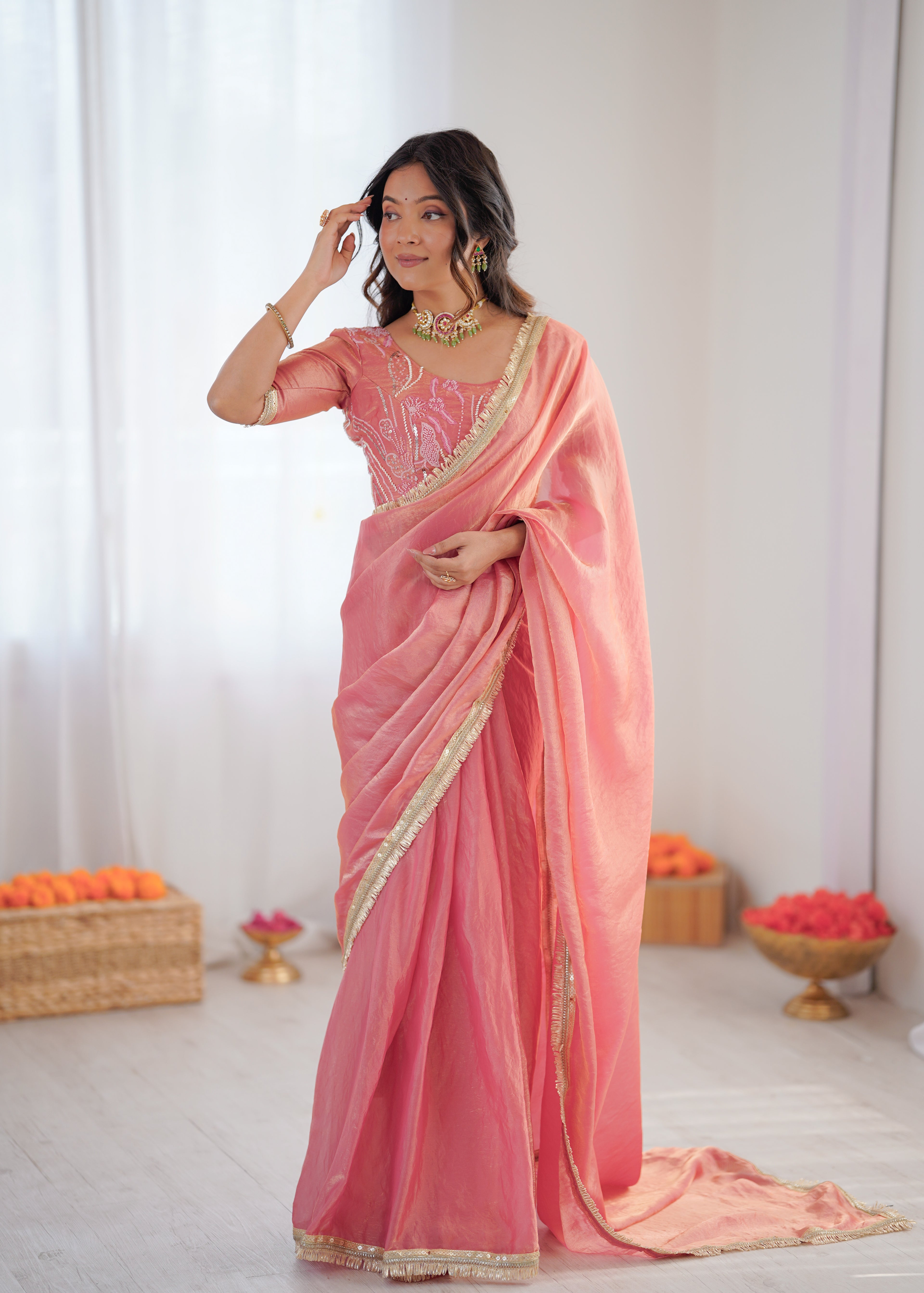 Premium Ready To Wear Fendy Silk Saree With Embroidered Blouse