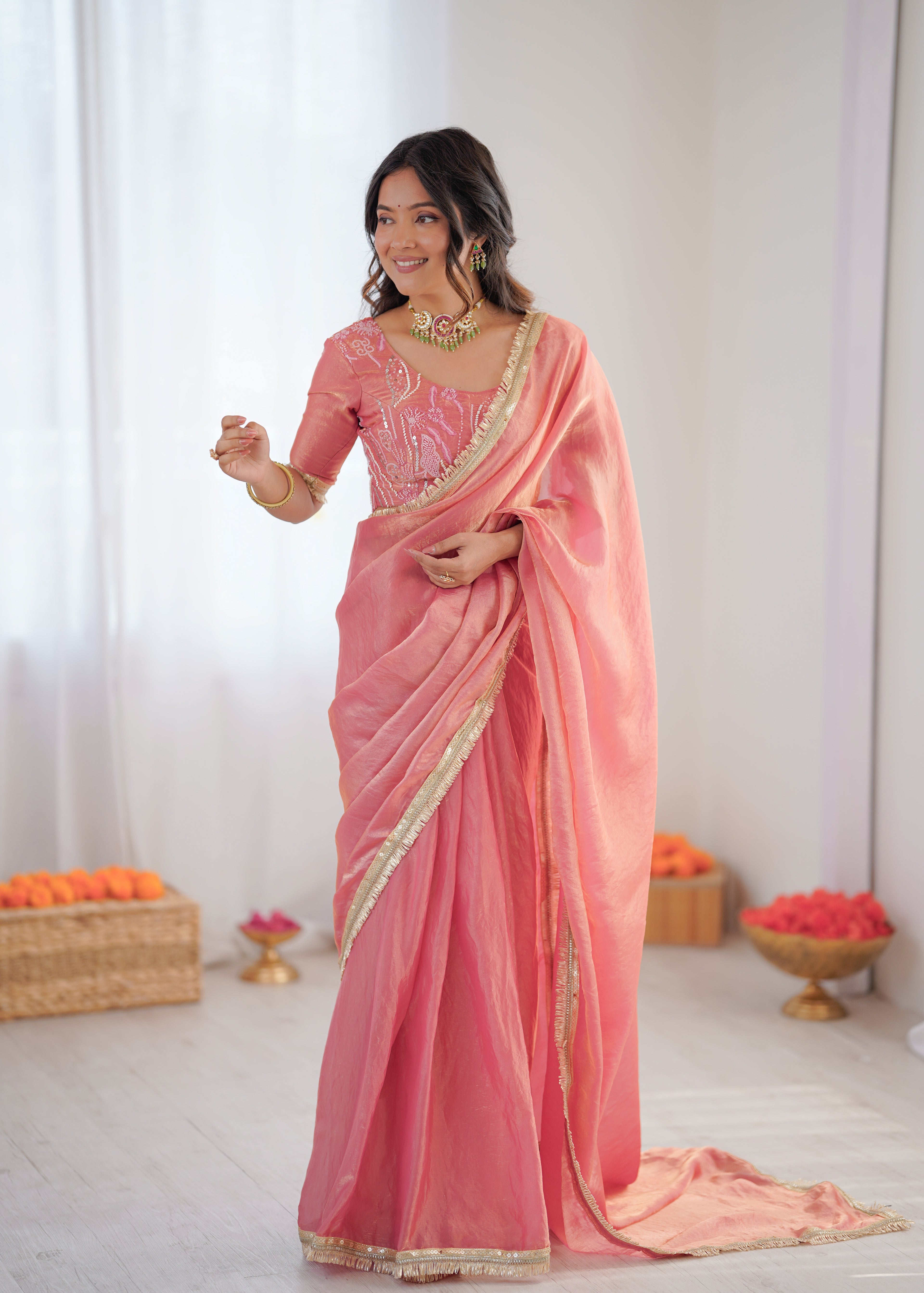 Premium Ready To Wear Fendy Silk Saree With Embroidered Blouse