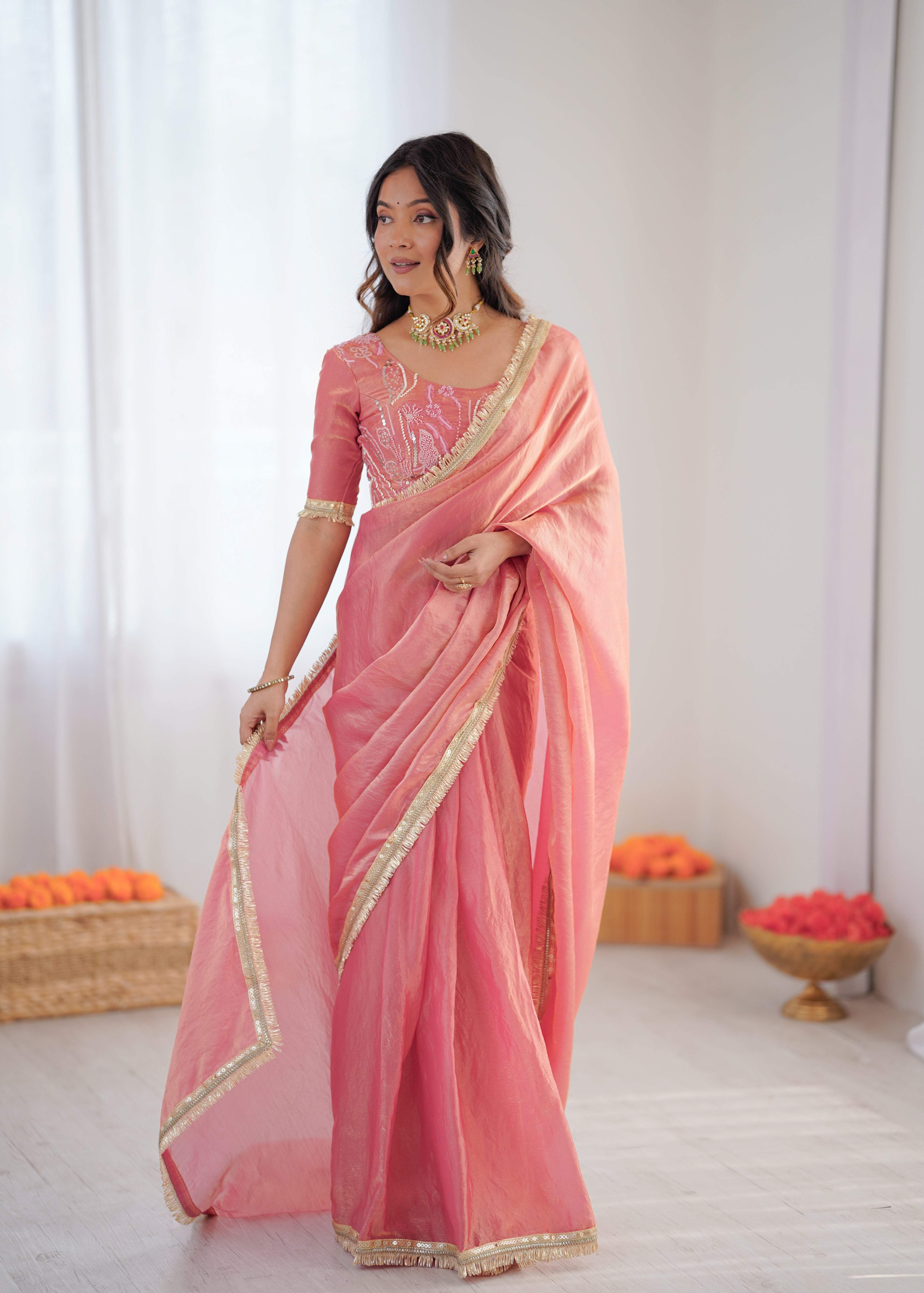 Premium Ready To Wear Fendy Silk Saree With Embroidered Blouse