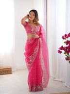 Premium Organza Silk Embroidered Saree With Designer Blouse