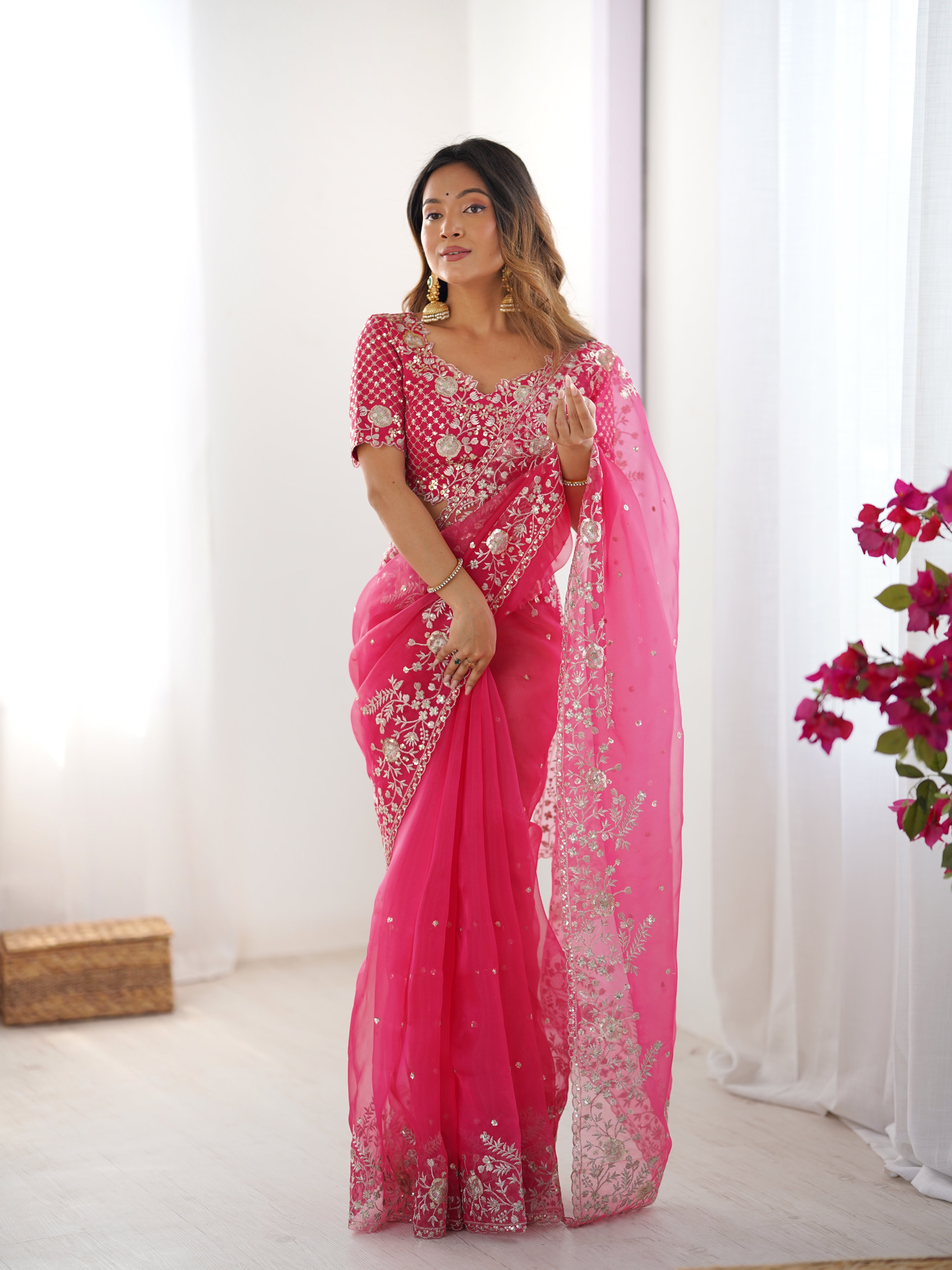 Premium Organza Silk Embroidered Saree With Designer Blouse