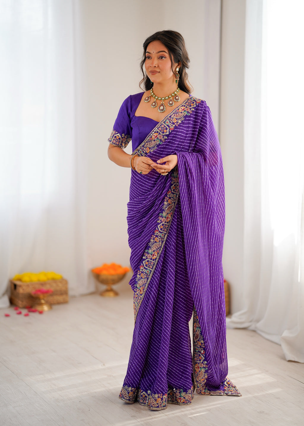 Premium Faux Georgette Badhani Print Embroidered Saree
