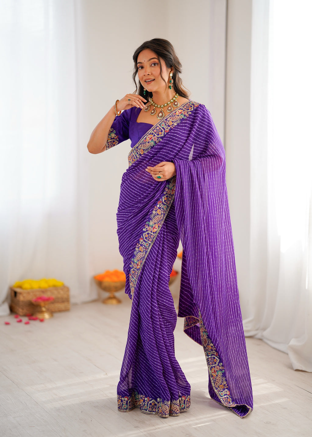 Premium Faux Georgette Badhani Print Embroidered Saree
