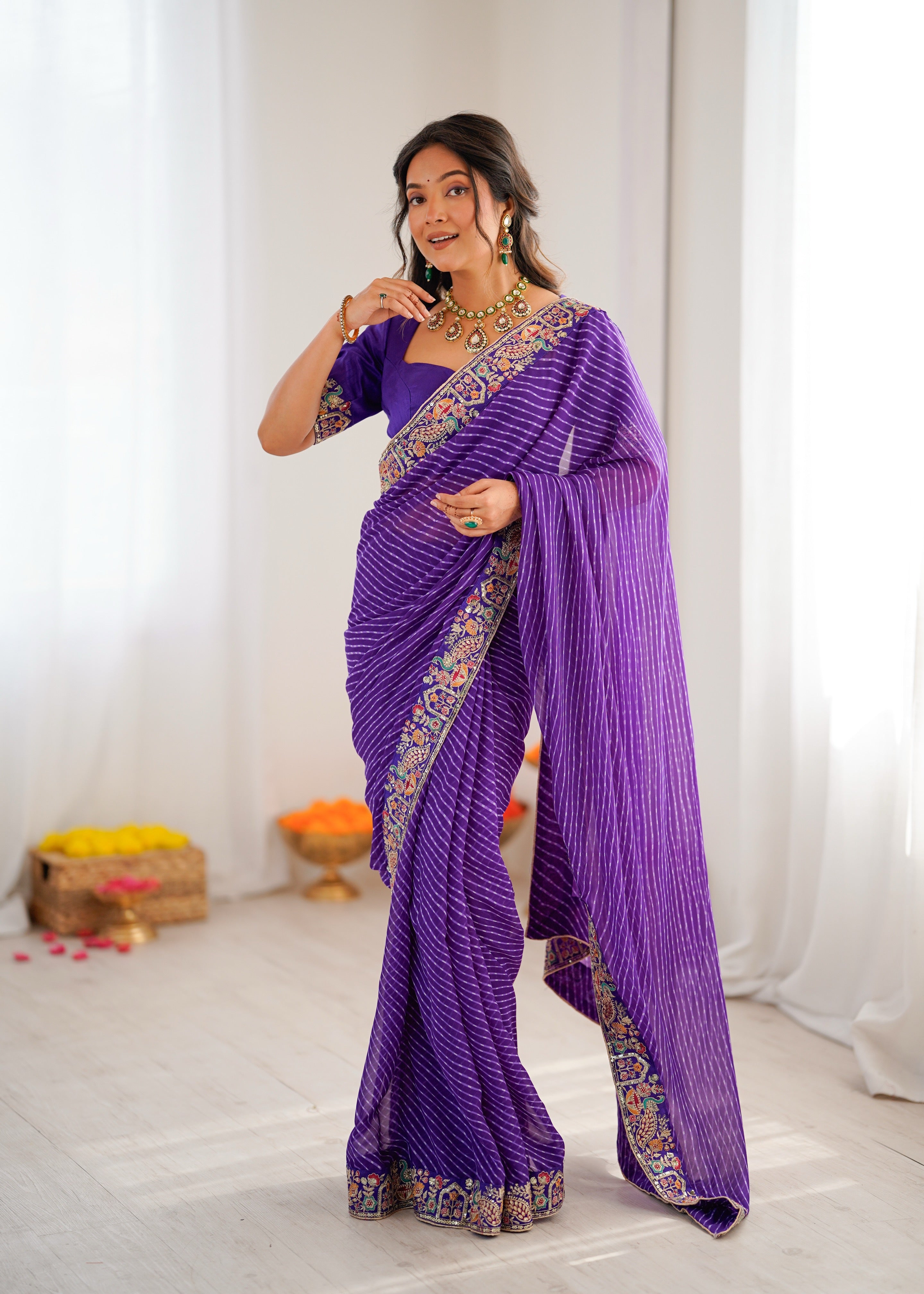 Premium Faux Georgette Badhani Print Embroidered Saree