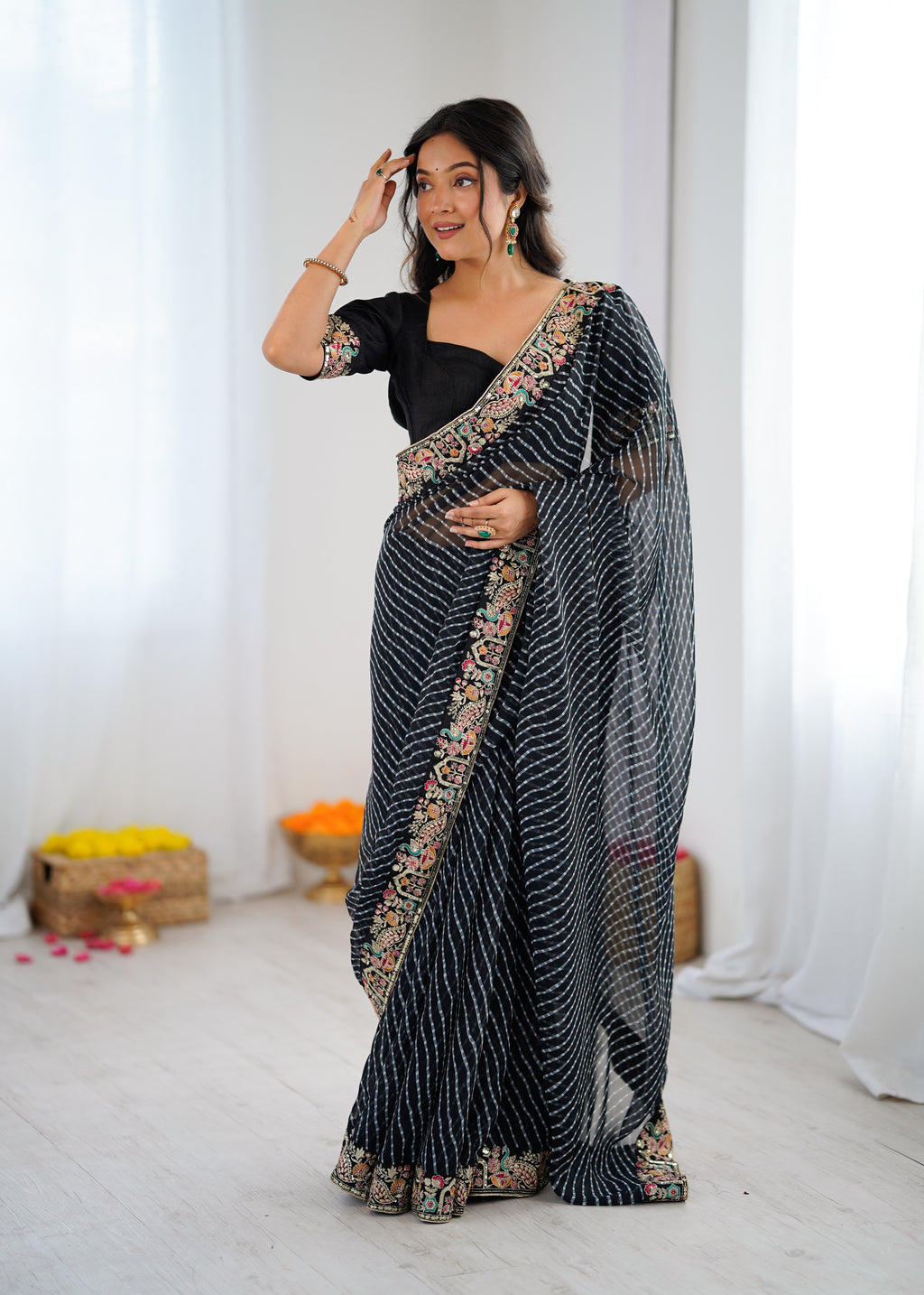Premium Faux Georgette Badhani Print Embroidered Saree