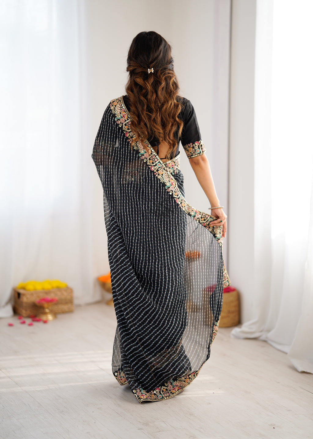 Premium Faux Georgette Badhani Print Embroidered Saree