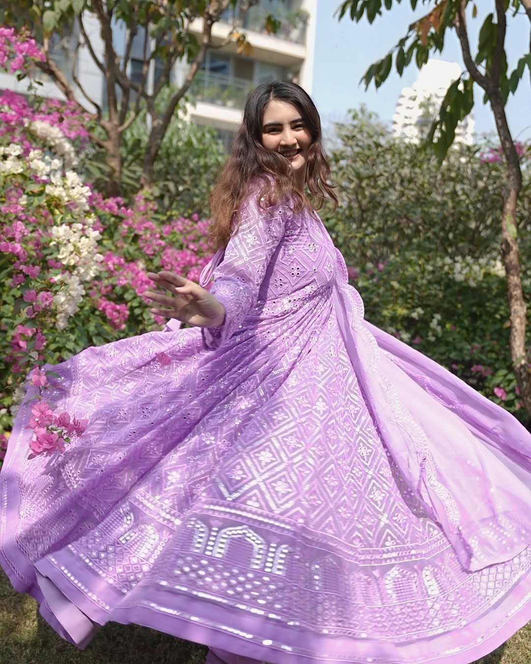 Purple Sequins Embroidered Anarkali Suit Set with Dupatta