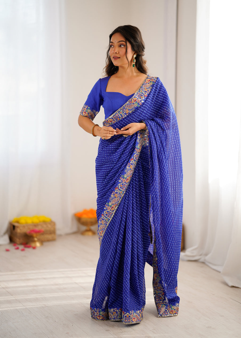 Premium Faux Georgette Badhani Print Embroidered Saree