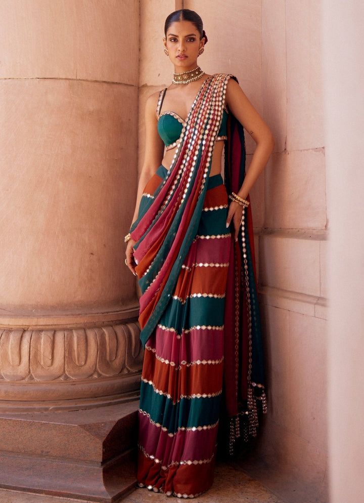 Party Wear Multicolor Real Mirror Work Saree