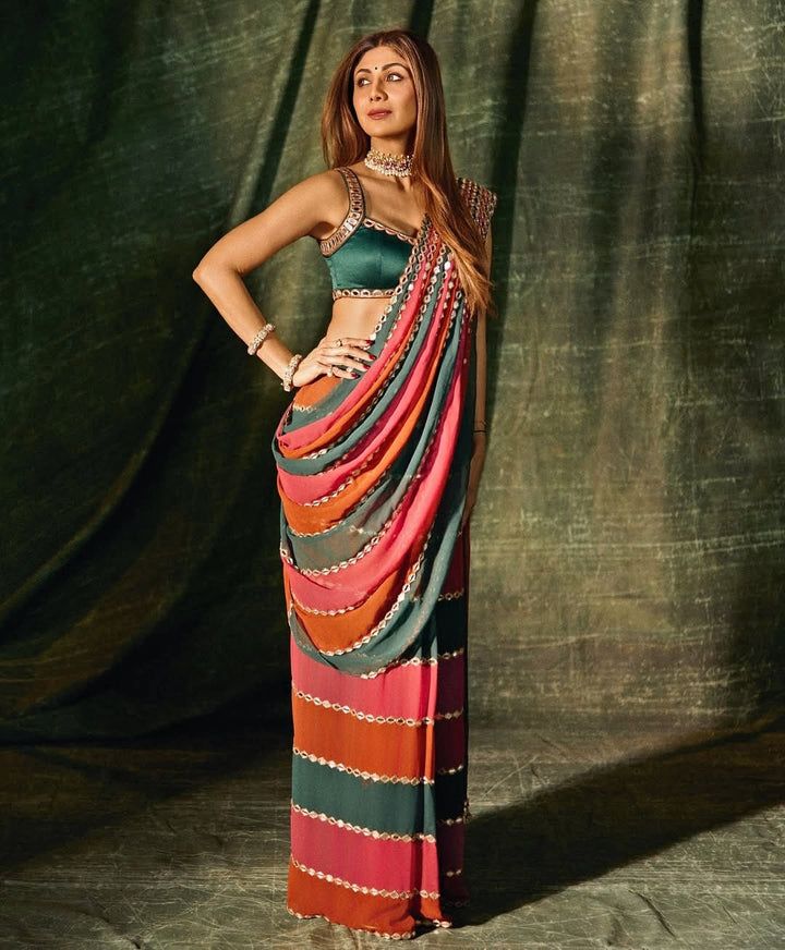 Party Wear Multicolor Real Mirror Work Saree