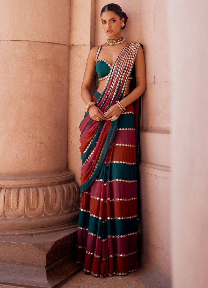 Party Wear Multicolor Real Mirror Work Saree