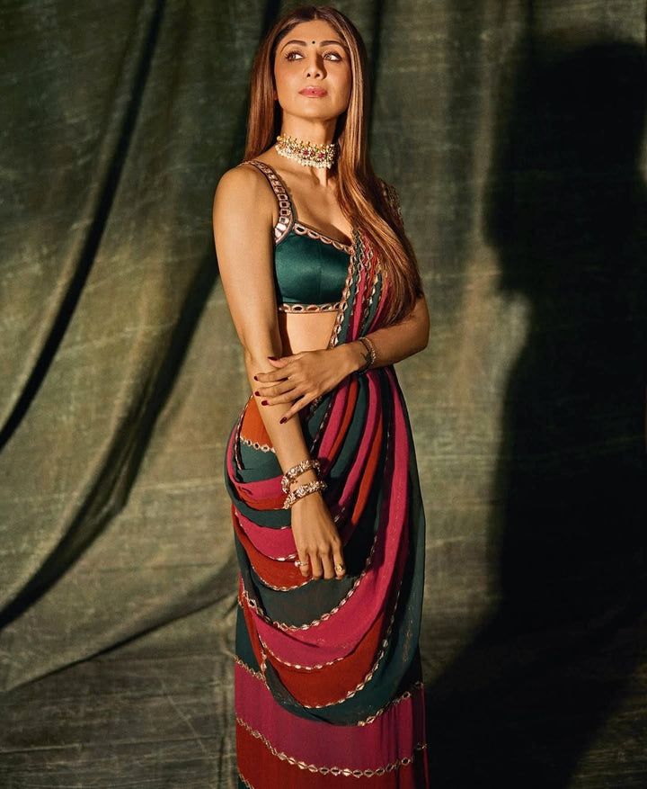 Party Wear Multicolor Real Mirror Work Saree