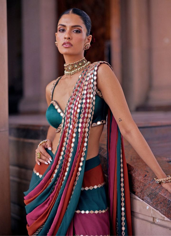 Party Wear Multicolor Real Mirror Work Saree