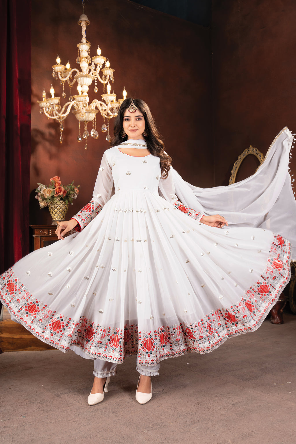 Designer White Embroidered Anarkali Suit Set with Dupatta
