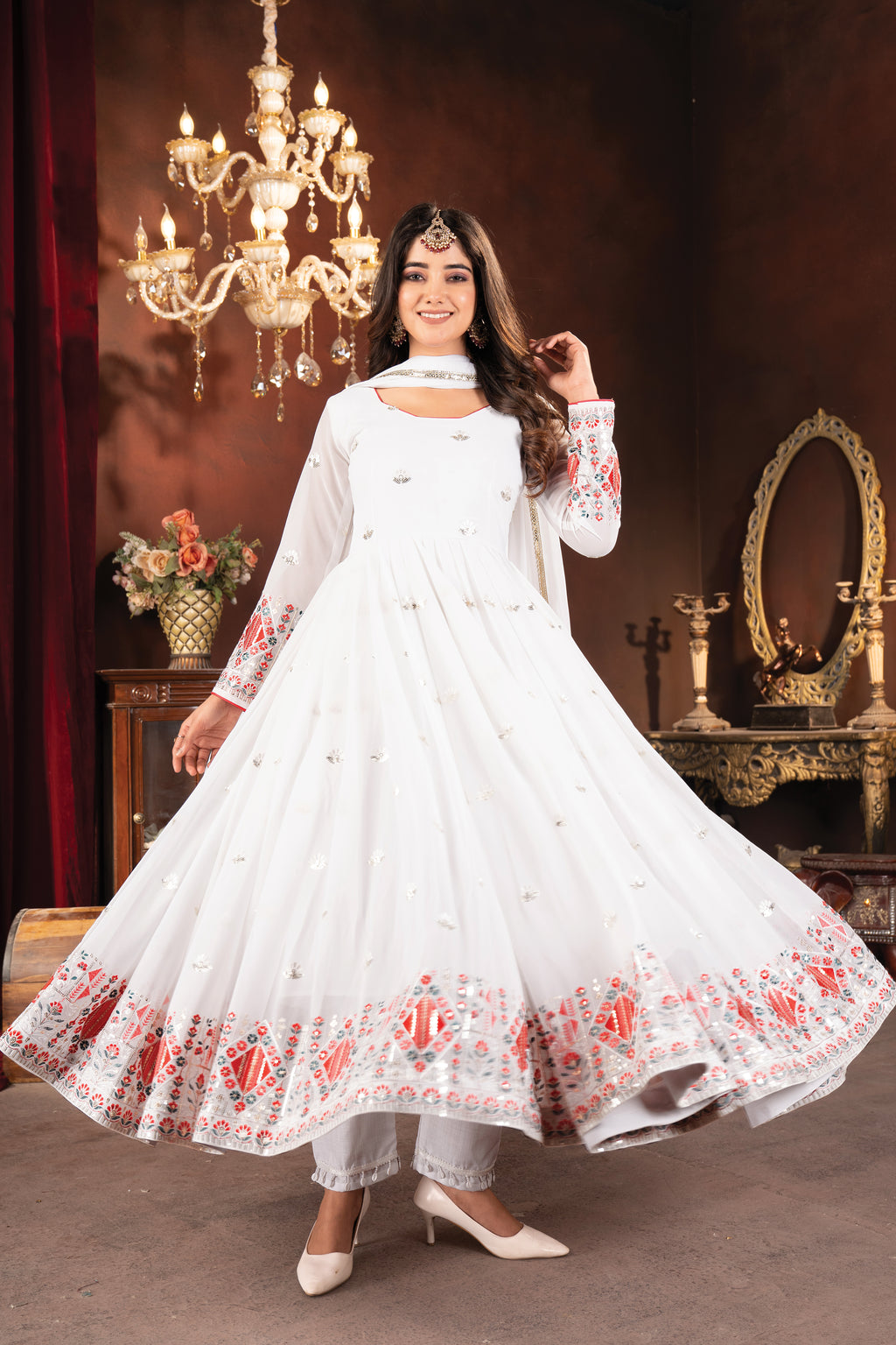 Designer White Embroidered Anarkali Suit Set with Dupatta