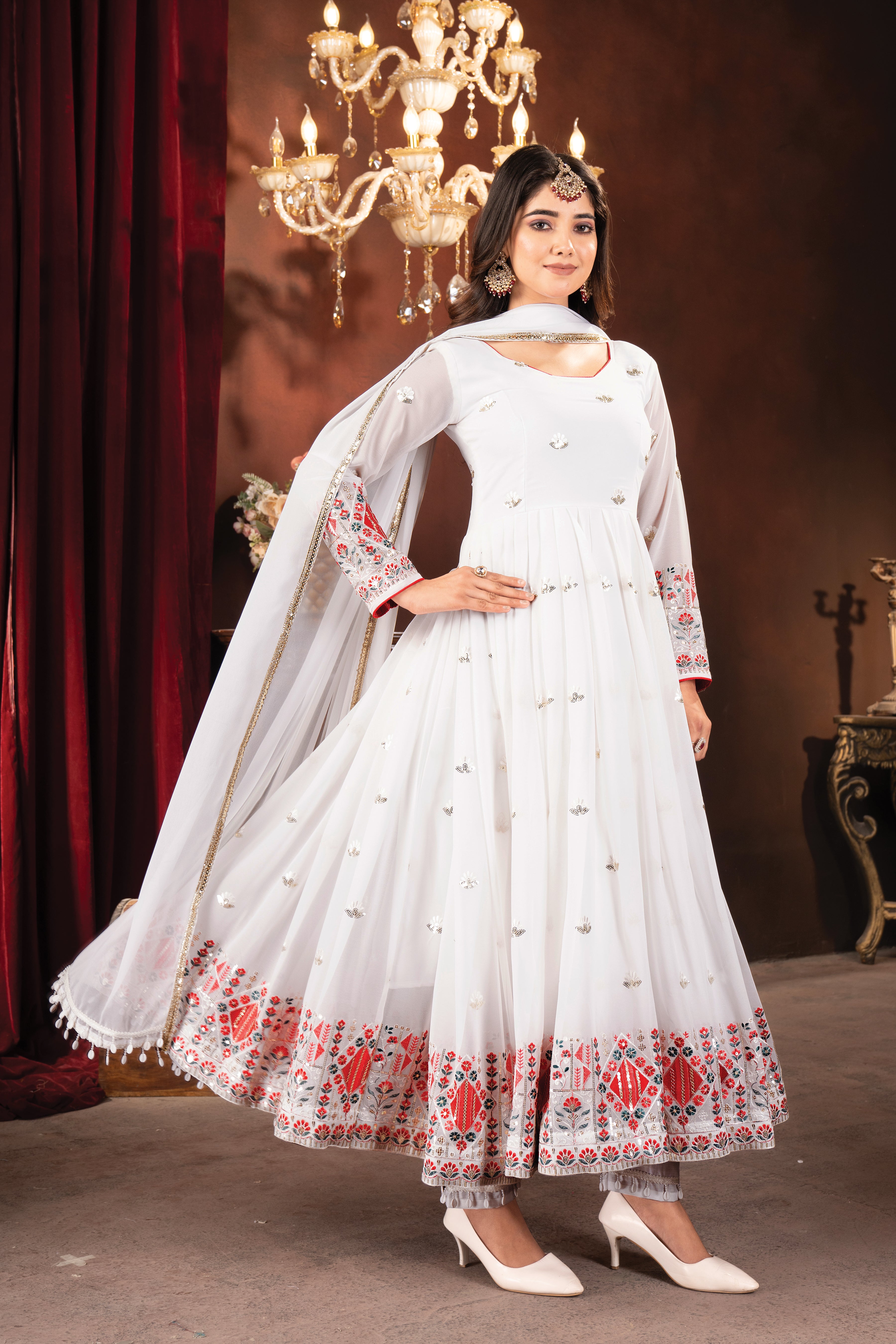 Designer White Embroidered Anarkali Suit Set with Dupatta