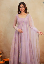 Lavender Soft Organza Handwork Embroidered Anarkali Suit Set with Dupatta & Pants
