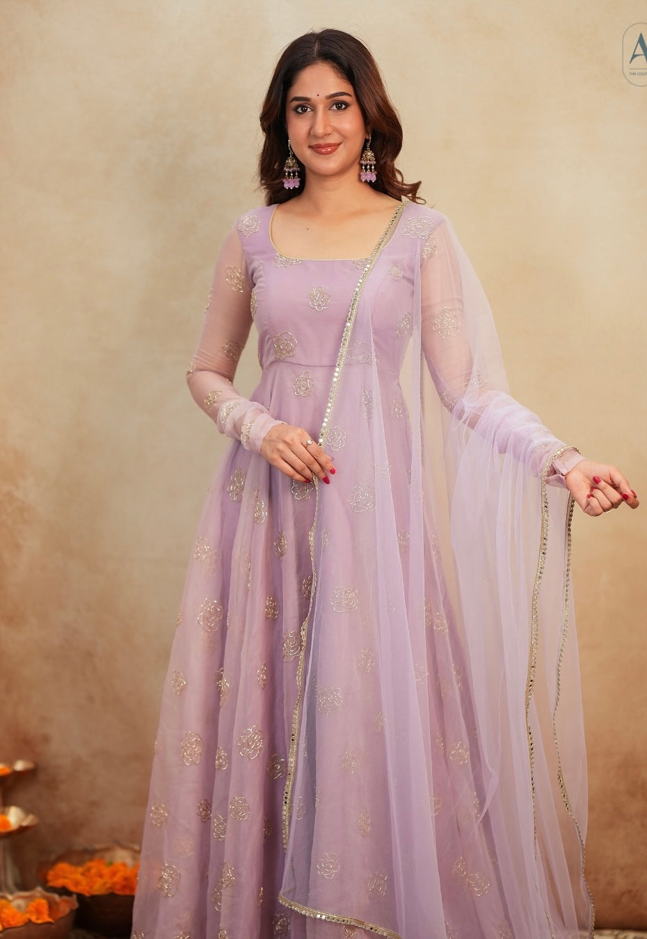 Lavender Soft Organza Handwork Embroidered Anarkali Suit Set with Dupatta & Pants