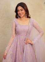 Lavender Soft Organza Handwork Embroidered Anarkali Suit Set with Dupatta & Pants