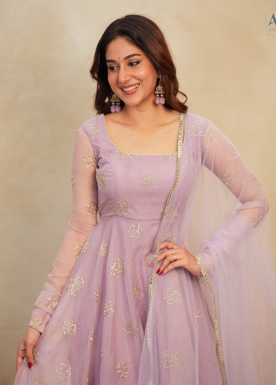 Lavender Soft Organza Handwork Embroidered Anarkali Suit Set with Dupatta & Pants