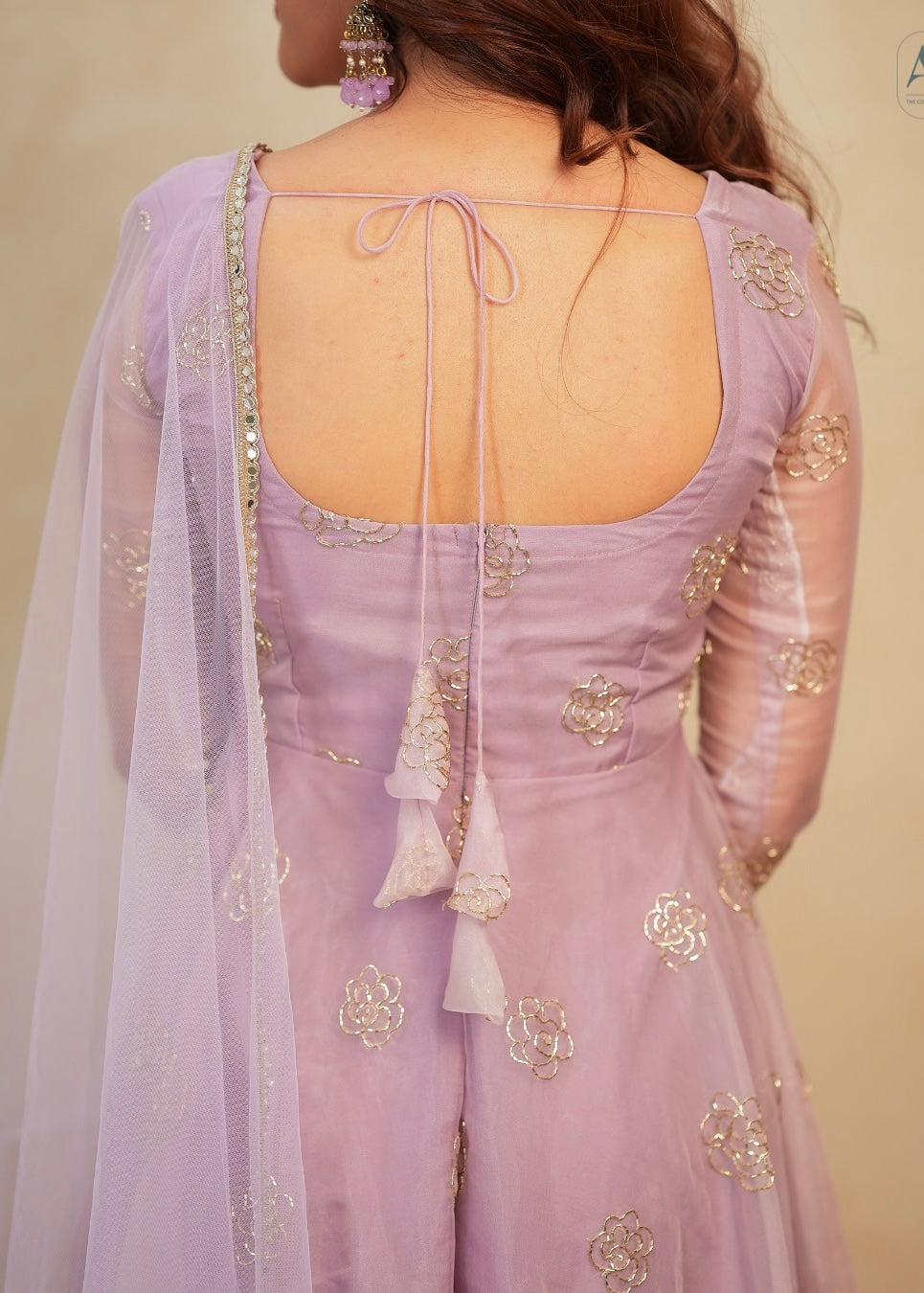 Lavender Soft Organza Handwork Embroidered Anarkali Suit Set with Dupatta & Pants