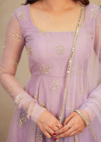 Lavender Soft Organza Handwork Embroidered Anarkali Suit Set with Dupatta & Pants