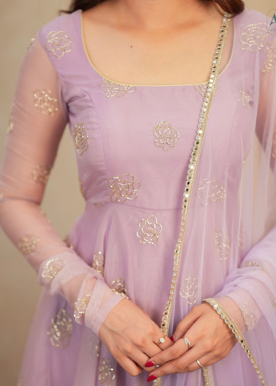 Lavender Soft Organza Handwork Embroidered Anarkali Suit Set with Dupatta & Pants