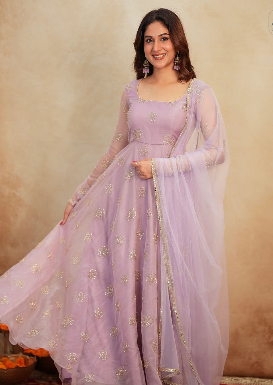 Lavender Soft Organza Handwork Embroidered Anarkali Suit Set with Dupatta & Pants
