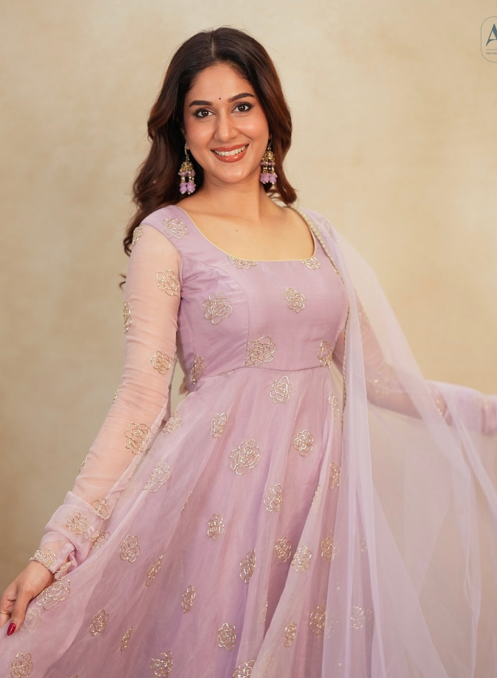 Lavender Soft Organza Handwork Embroidered Anarkali Suit Set with Dupatta & Pants