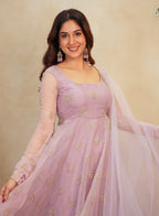 Lavender Soft Organza Handwork Embroidered Anarkali Suit Set with Dupatta & Pants